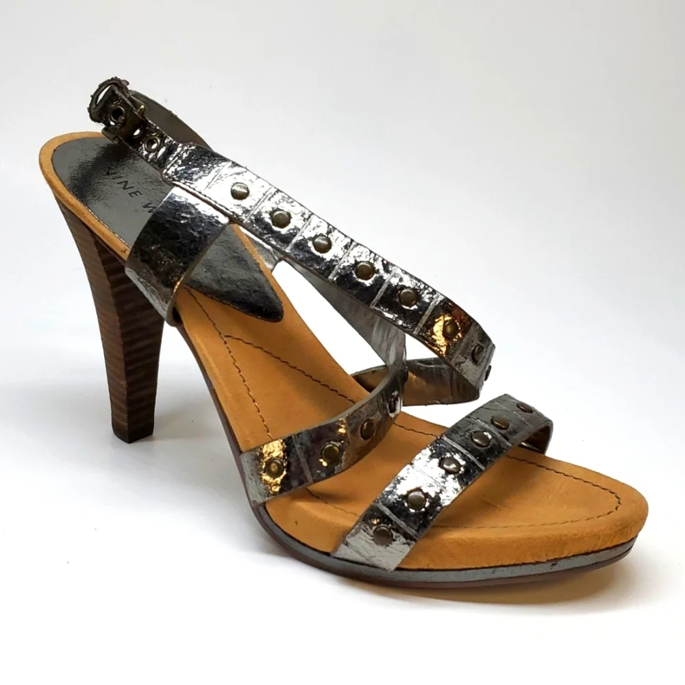 NINE WEST Dimsum Metallic Leather Ankle Strap Heeled Sandal